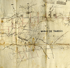 Plano de las concesiones de las Minas de Tharsis en Alosno que está custodiado por el Archivo Histórico Provincial de Huelva.